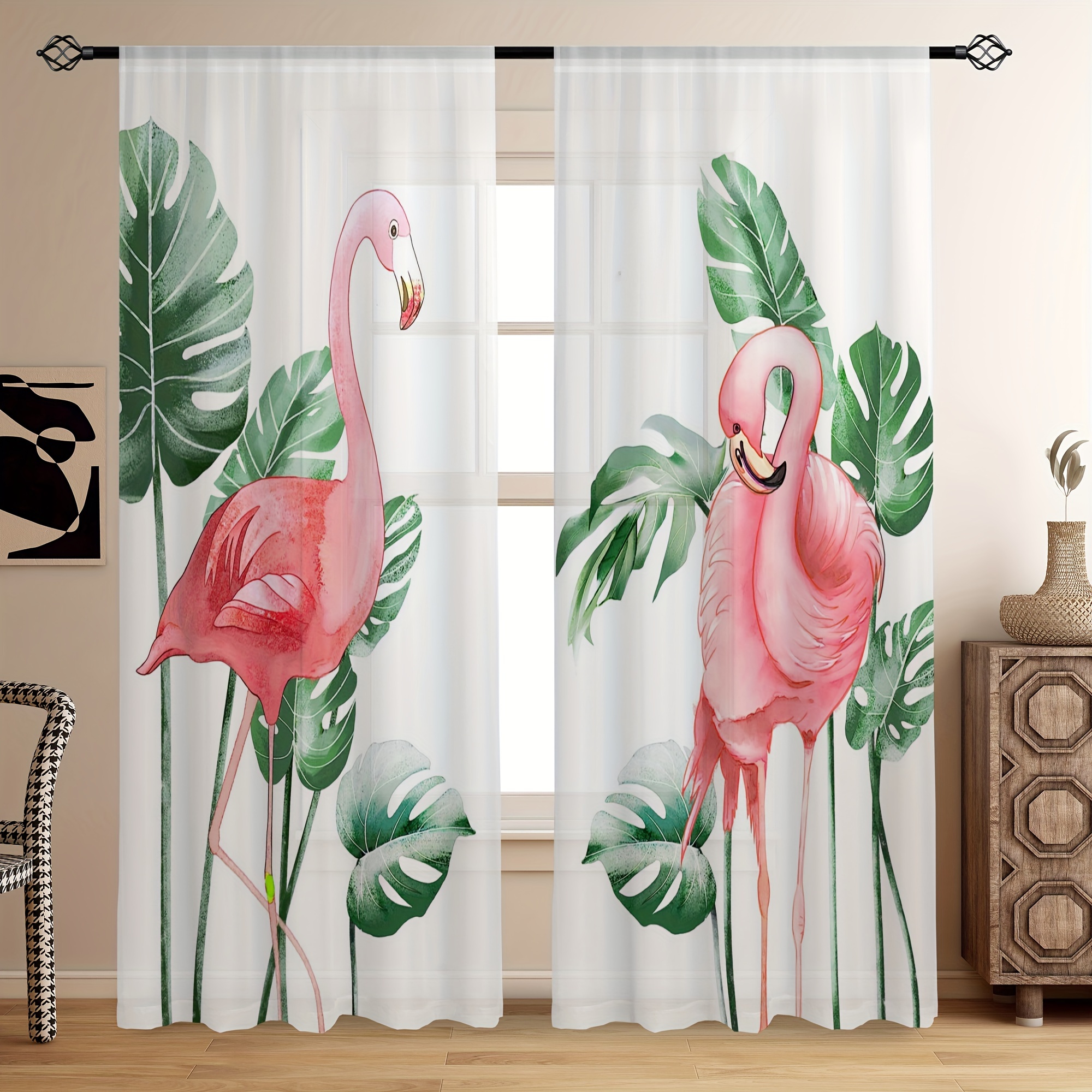 

2pcs Tropical Shawl Shawl Flamingo Brush Translucent Curtains, Living Room Playroom Bedroom Kitchen Multi-scene Polyester Perforated Decorative Curtains Home Decor Party Supplies