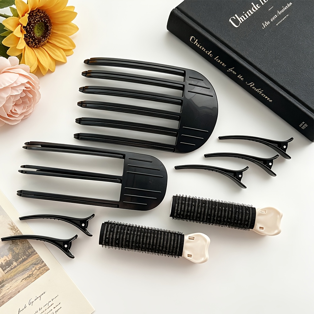 TEMU 9pcs Black Hair Styling Set Minimalist Versatile Accessories For Women. Includes Matte Non-crease Long Hair Clips, Fluffy Root-lift Clips, And