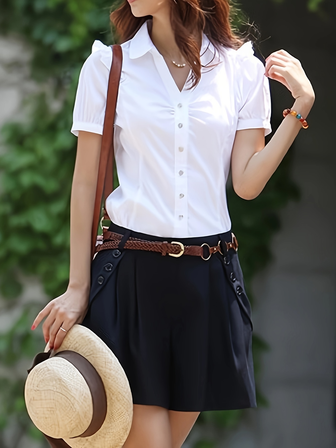 womens casual short sleeve button shirt stylish white blouse