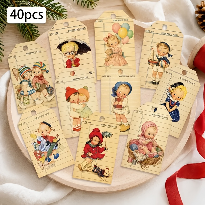 TEMU 40pcs, Whimsical Vintage Hang Tags, Gift Box Labels, Vintage Doll Gift Tags, European And American Nostalgic Children's Hanging Cards, Baby's