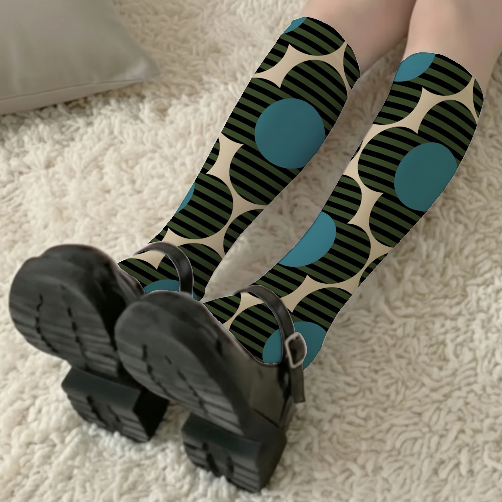 TEMU 1 Pair Retro Geometric Polka Dot Women's Knee Socks, Mid-century Leg Warmers, Durable Socks, Suitable For Various Fashion Occasions, Daily Wear