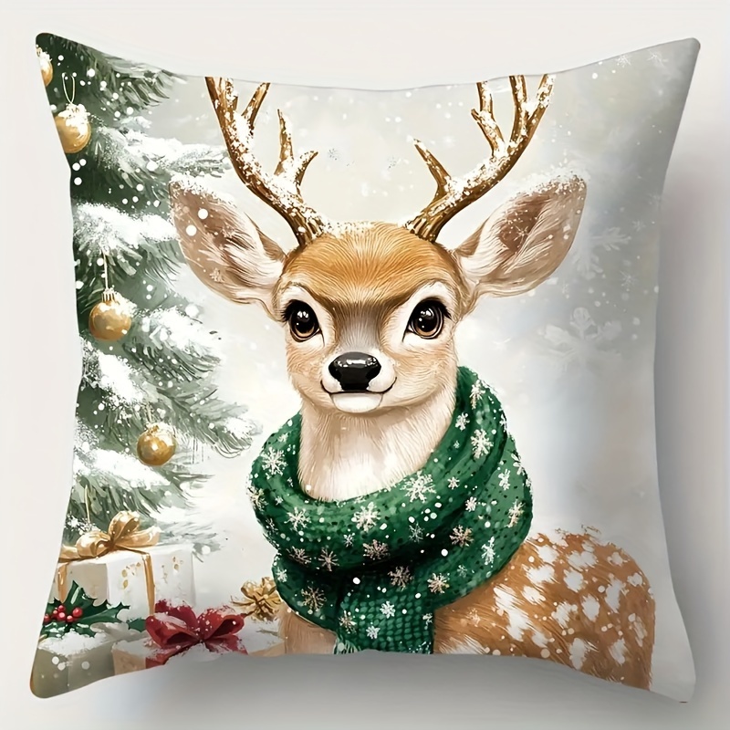 

4pcs Christmas Pillowcase Set - Featuring Trees, Santa, Snowmen, Reindeer & - Zippered Polyester Cushion Covers For Decor, Machine Washable (inserts Not Included)