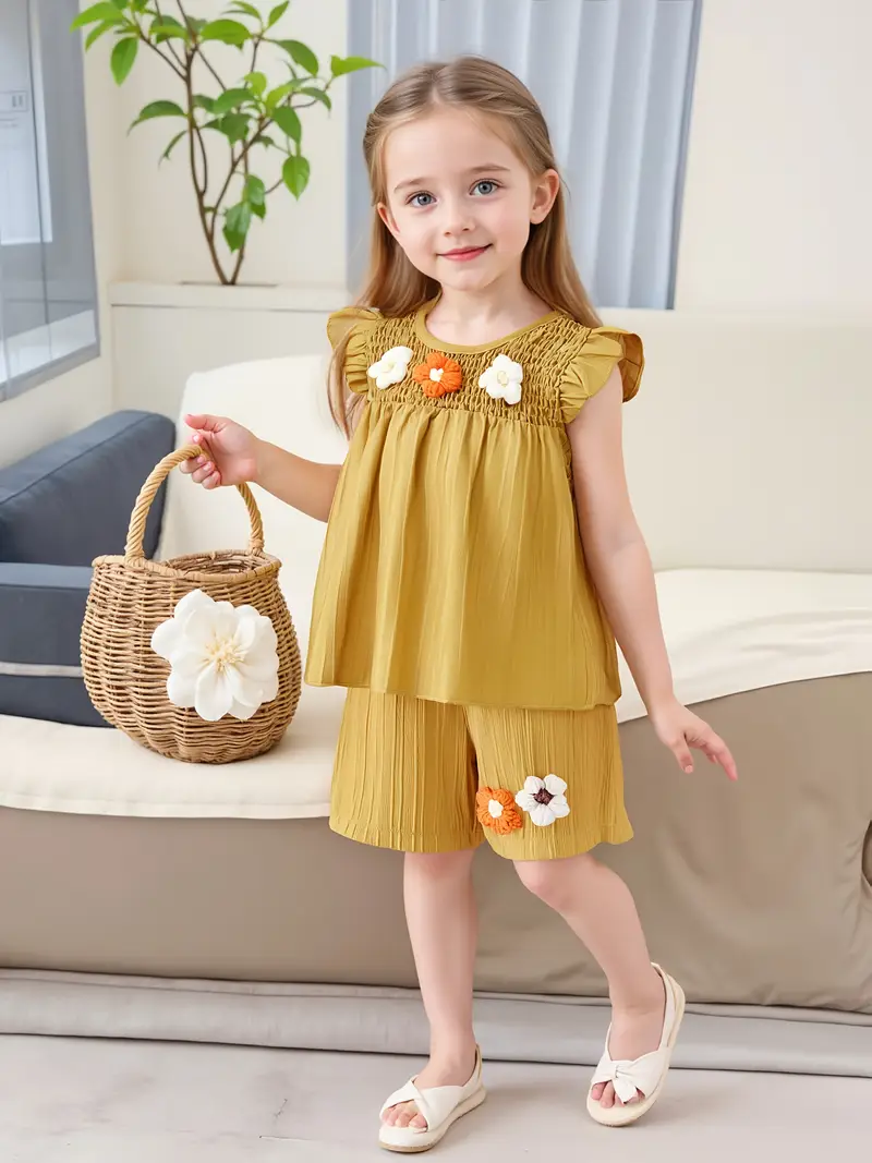little girl summer cute shorts flutter sleeve top set girls - Temu little girl summer cute shorts flutter sleeve top set girls - Temu