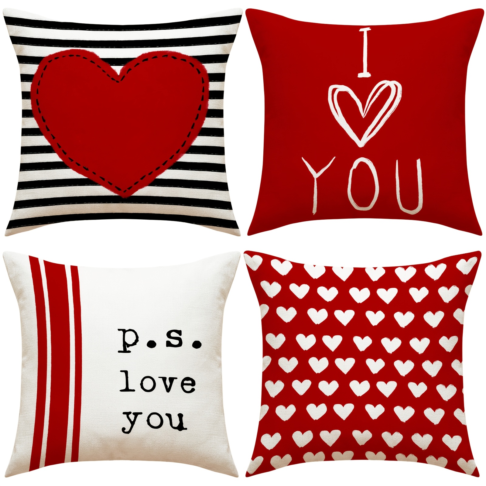 

4-pack Valentine's Day Love Heart Print Throw Pillow Covers, Soft 100% Polyester, 18x18inch, , Contemporary Geometric-pattern, Machine Washable, Zipper Closure For Bedroom Decor