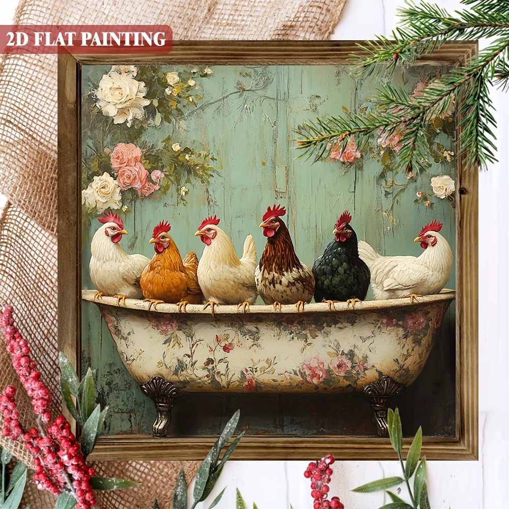 TEMU 2d Flat, 1pc, Vintage Victorian Style Wooden Sign - 8x8 Inch, With Frame Chicken & Decorative Sign For Home, Porch, Bathroom, Chicken Coop,