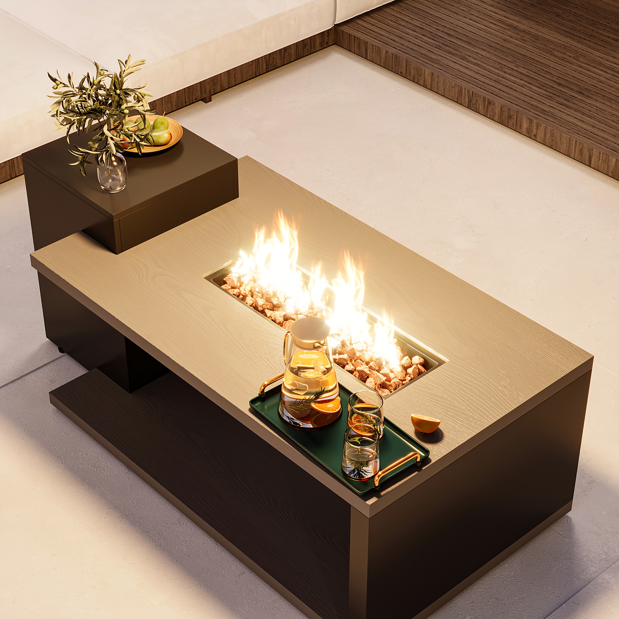 53.1'' Wide Modern Outdoor/ Coffee Table & Side Table - All-Weather & Steel with Wood Grain, Low-Maintenance Furniture for Living Room, Balcony, Courtyard - Easy Assembly (Some Tools Required)