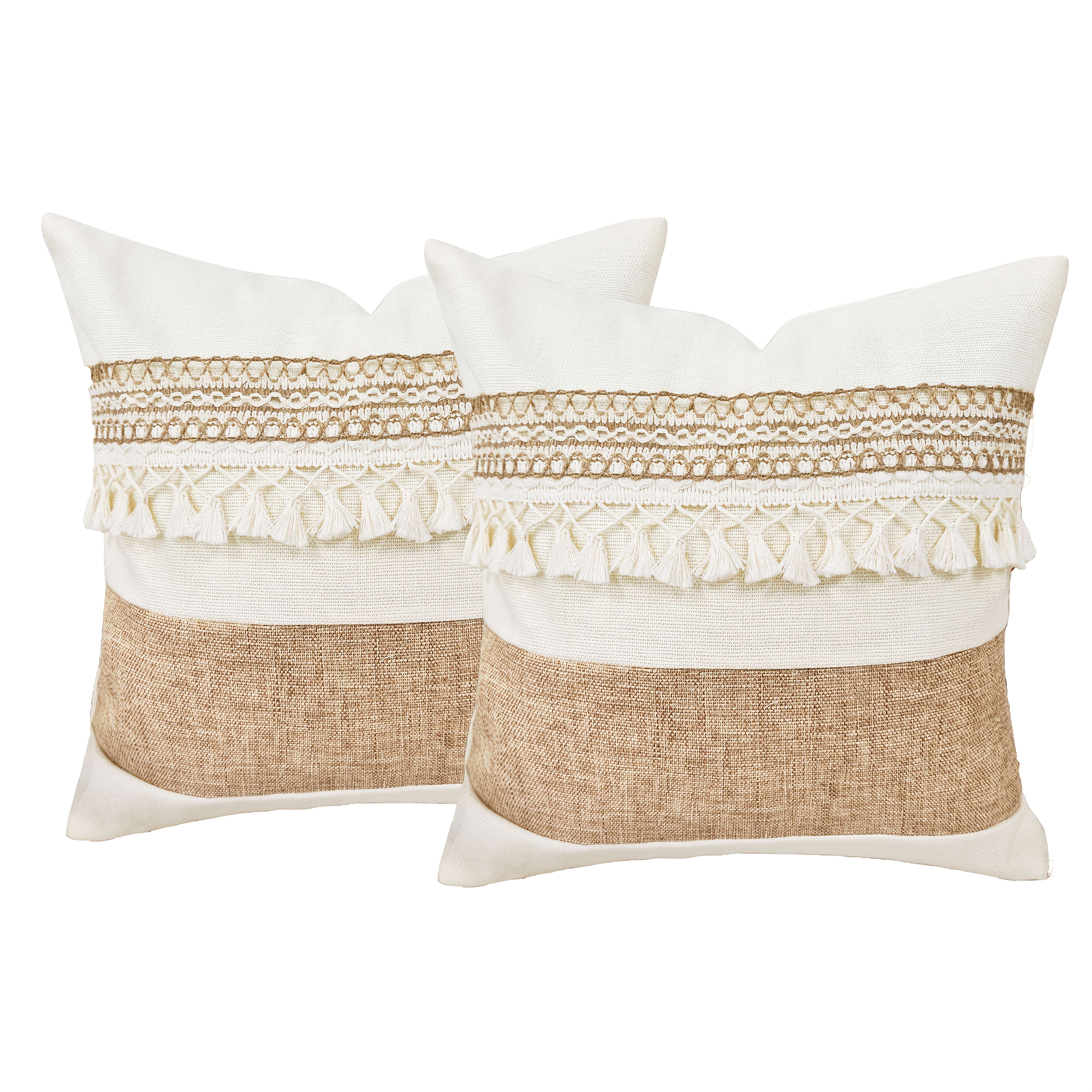 E-shop 2er-Set, Zierkissenbezüge im Boho-Stil mit Quasten, beiges braunes Patchwork-Design, Polyestergewebe, Reißverschluss | für Sofa-