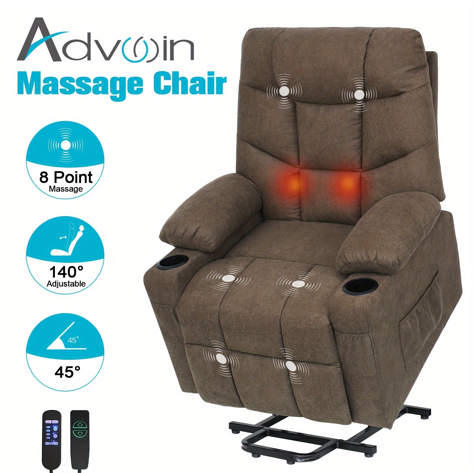 Advwin Manual Adjustment Recliner Chair, Electric Massage Lift Chairs Heated Vibration Massage Motorized Living Room Chair With Side Pocket, USB And Cup Holders, 45-140 Degree Tilt, Brown/Gray/PU Black