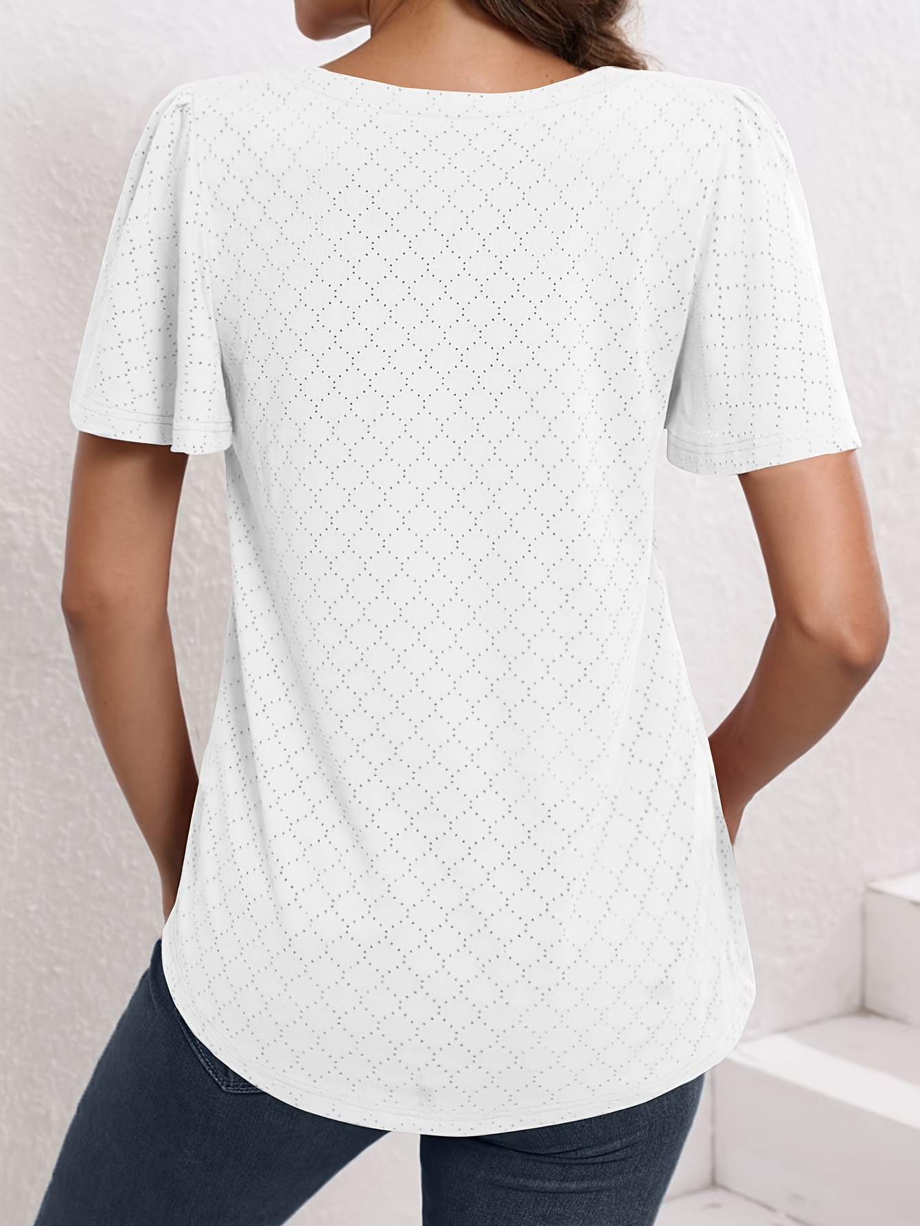 Plus Size Women'S Square Neck Ruffle Sleeve Top - Breathable Eyelet Cut-Out Fabric, Unique Chest Pleat Design, Elegant Fashion for Spring Summer Fall, Formal & Casual Wear, Casual Wear Top | Pleated Detail Top | Stretchy Fabric Top, Ladies T Shirts