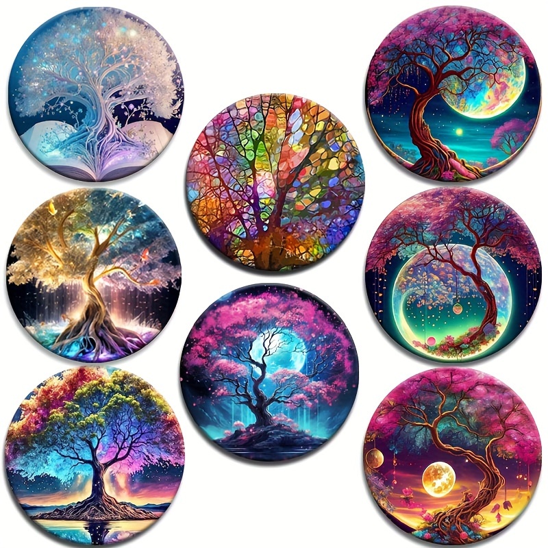 

Set Of 8 Colorful Tree Wooden Coasters For Drinks, Coffee, Tea - Decorative Cup Mats For Home And Restaurant, Perfect Holiday Gift