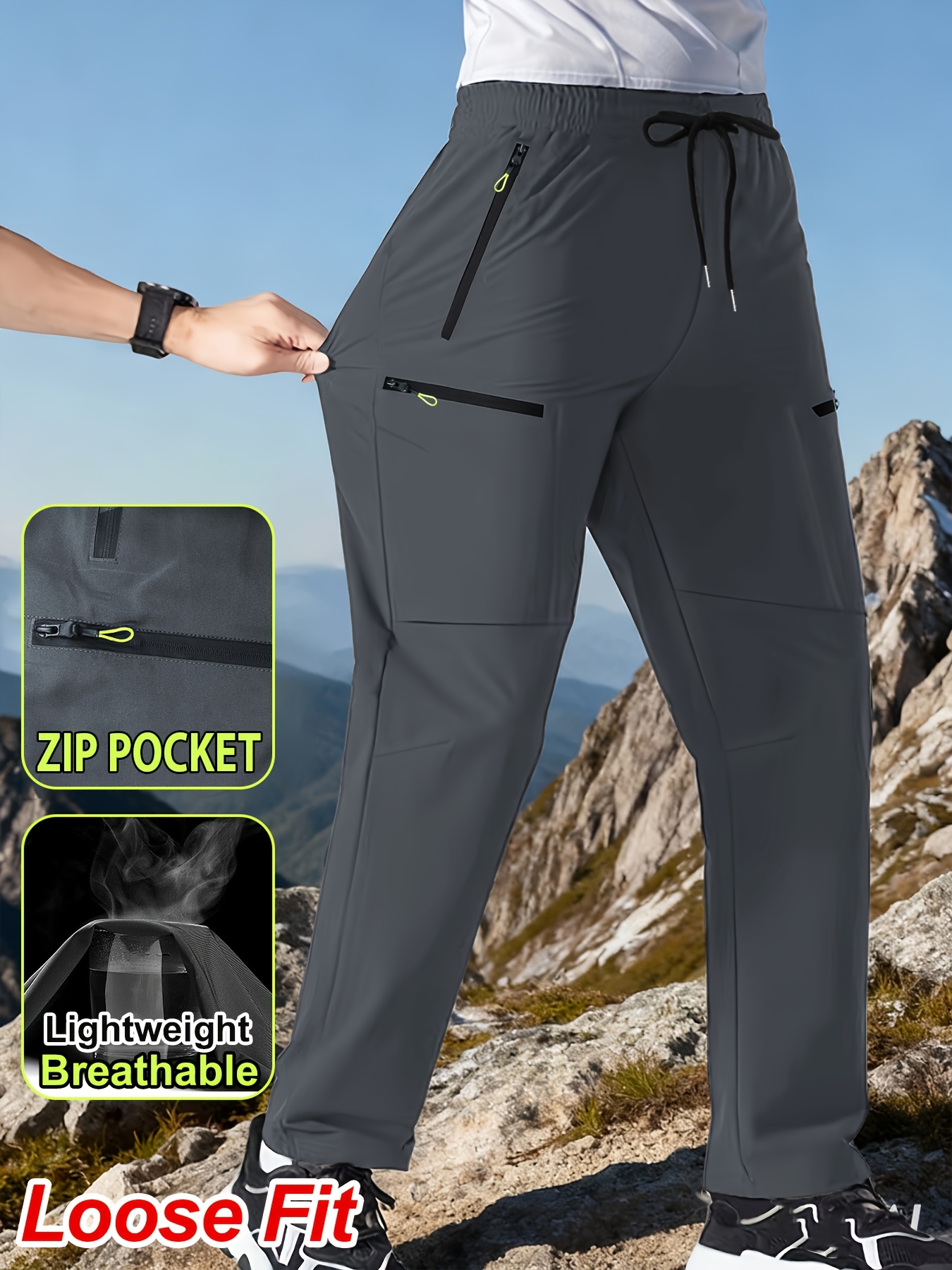 mens outdoor hiking cargo straight leg pants featuring zippered pockets   pants are lightweight thin and breathable   come with an adjustable drawstring waistband making them suitable for   outdoor activities and daily casual wear