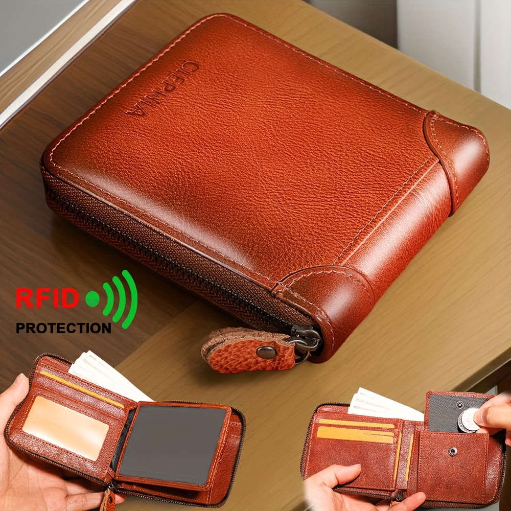 

1pc Genuine Leather Wallet For Men Rfid Blocking Bifold Zipper Wallets Top Layer Cowhide Multi Function Id Credit Card Holder Inner Short Wallet With Coin Bag Gifts For Him