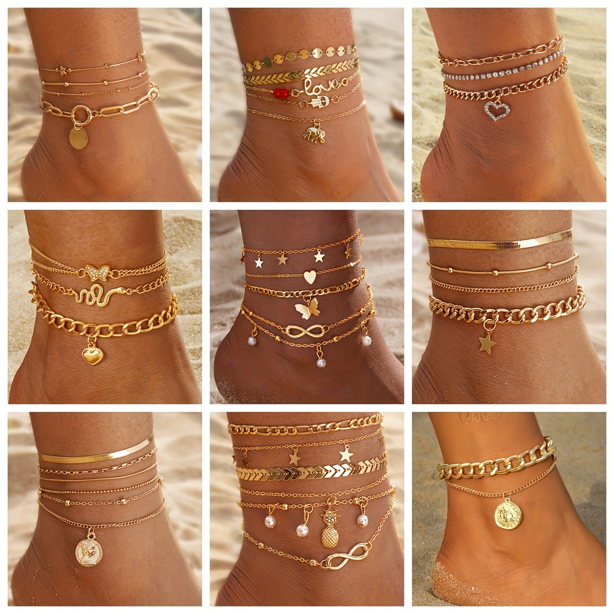 TEMU 5pcs Bohemian Style Multi-piece Set With Vintage Beach Vacation Star And Heart Pendant Cuban Chain Mixed Chain Layered Anklet Women's Jewelry
