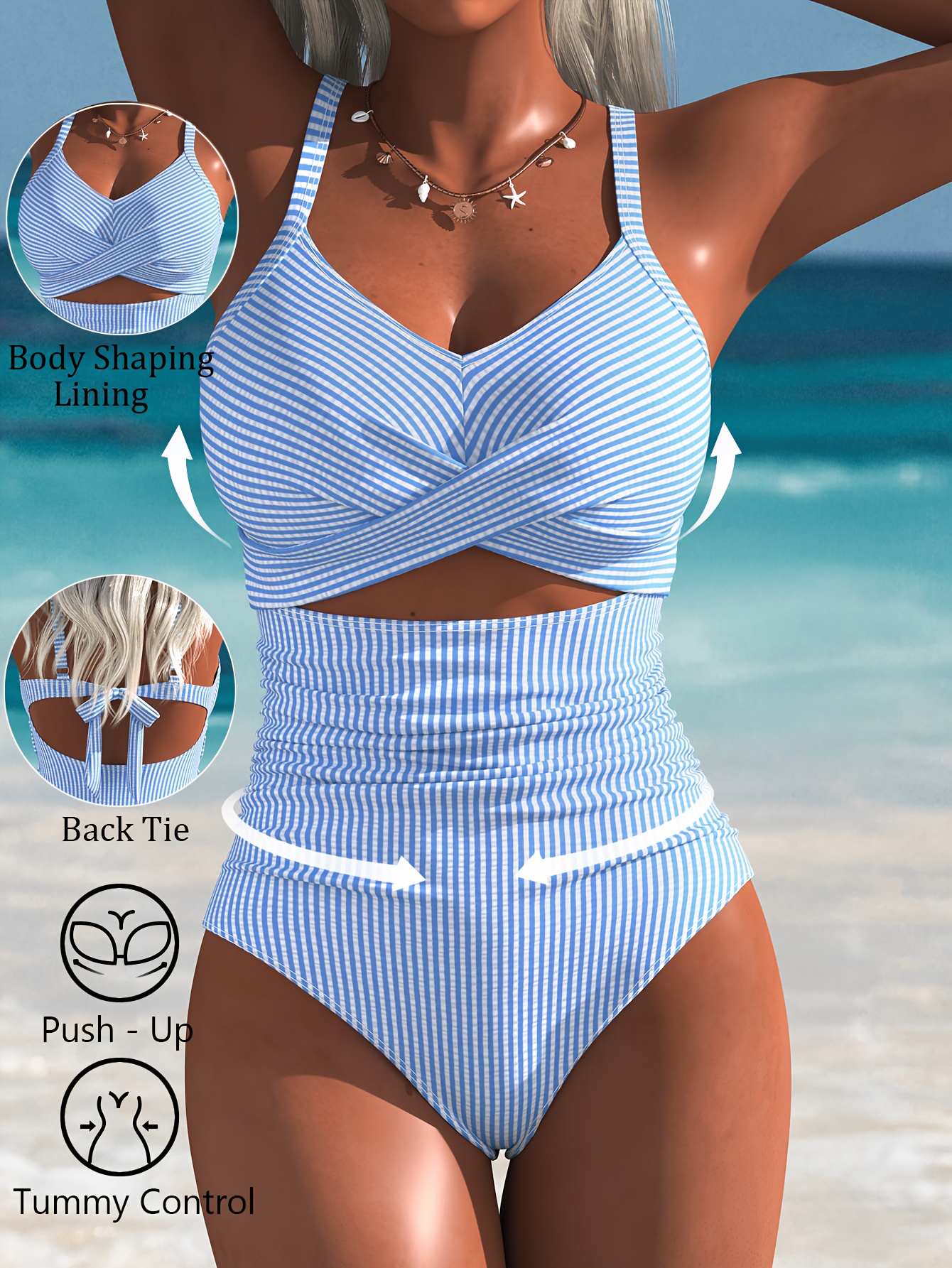   striped print crisscross womens one piece swimsuit set