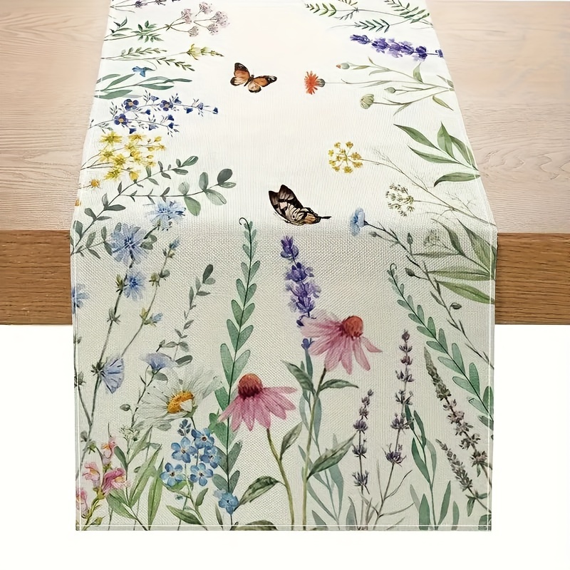 

1pc Polyester Table Runner, Spring Floral & Butterfly Print, Home Kitchen Decor, Outdoor Garden Holiday Party Decor, Dining Room Banquet Decoration Supplies