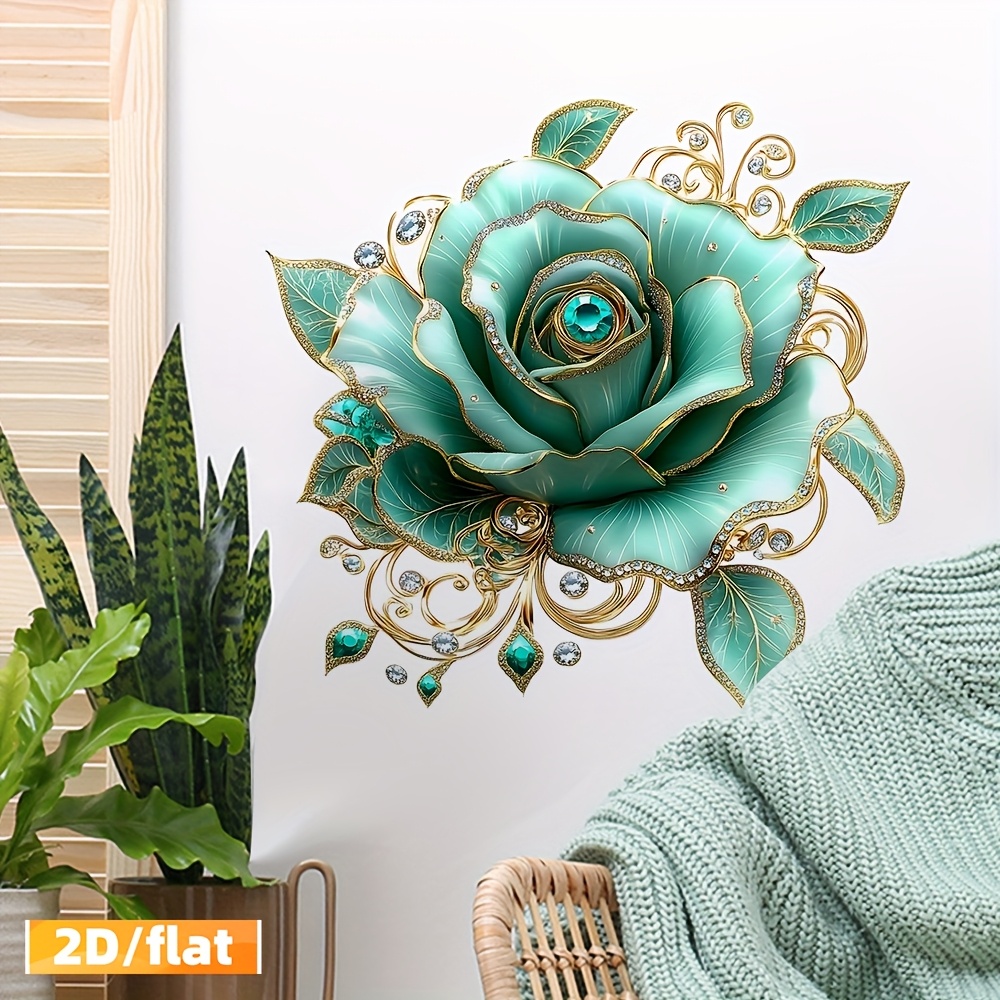 Image of 1pc Jade Rose Sticker 2d Flat Sticker Suitable For Living Room, Bedroom, Kitchen, Door, Wall Home Decoration Background Wall Decoration Vinyl Super Convenient Removable Self-adhesive Wall Sticker