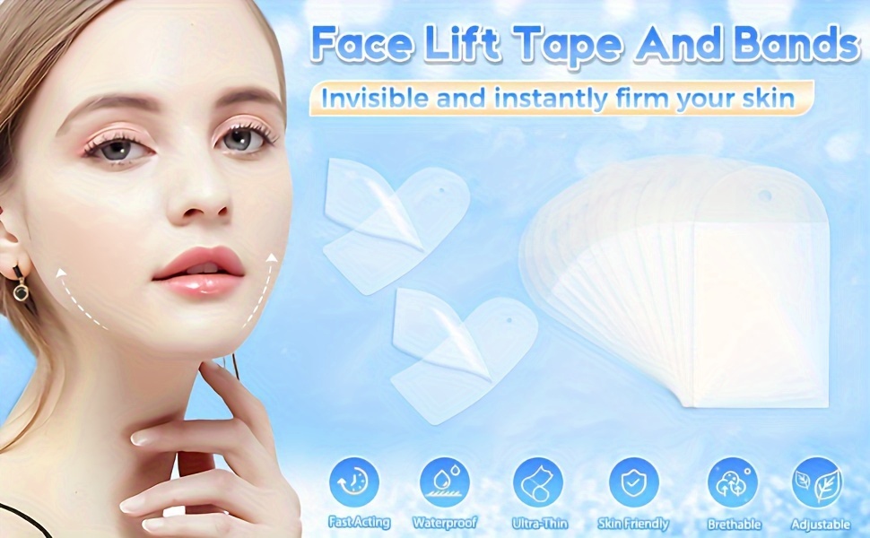 set of invisible lifting tape and bands 18 hypoallergenic clear lifting patches with 4 adjustable elastic bands lines   feet firming v face instantly   neck jawline and double chin reusable unscented details 2