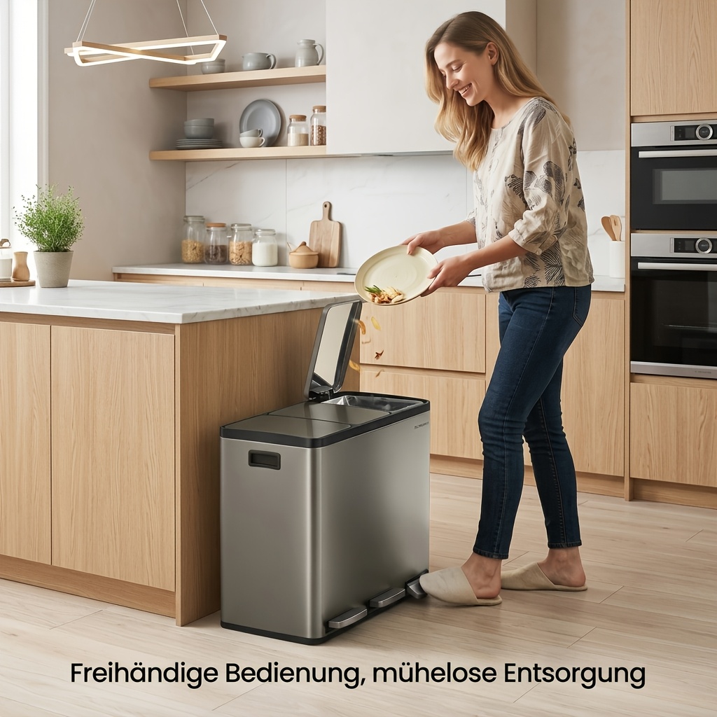 Image of 3 X 18 L Trash Cans, 3-compartment Trash Bins, Waste Containers, With Removable Inner Buckets, Pedal Bins With Lids, Garbage Bags, Suitable For Kitchens And Offices