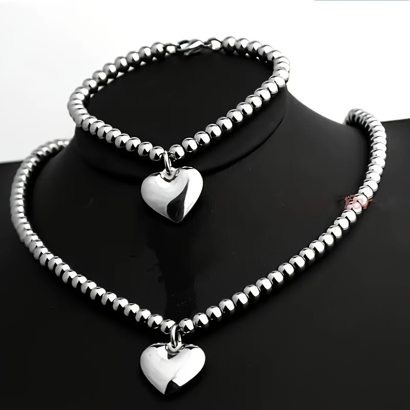 

1 Pc Necklace +1 Pc Bracelet Stainless Steel Jewelry Set With Glossy Heart Pendant Personality Female Dating Gift