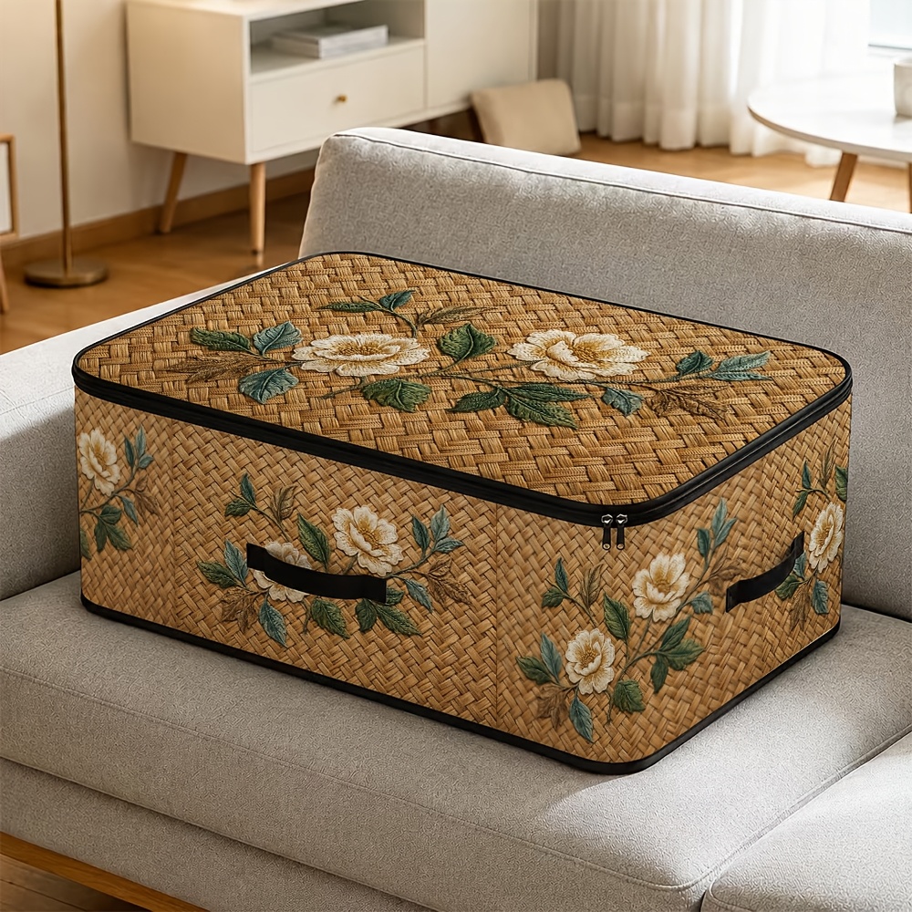 TEMU 1pc Rustic Tropical Botanical Storage Box With Woven Rattan & White Floral Print, Rectangular For, Clothes, Blankets, Bed S - Container For