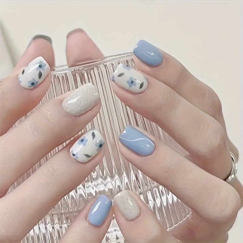 24pcs   garden short square press on   nails blue flowers blue and white solid color   nail file and jelly  