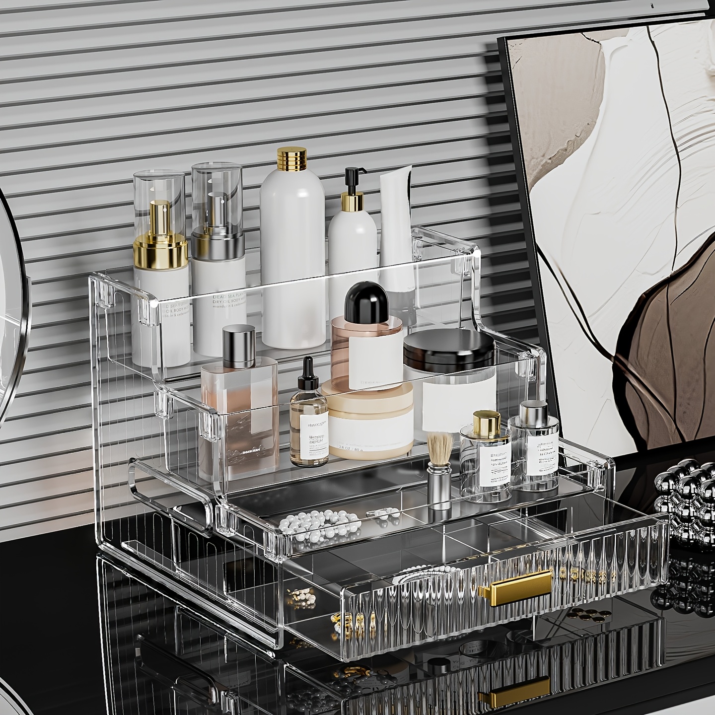 TEMU *zxf Acrylic Cosmetic Storage Box, Desktop Drawer Organizer, Large Capacity Makeup Display Stand, Transparent Acrylic Material, Tiered Design,