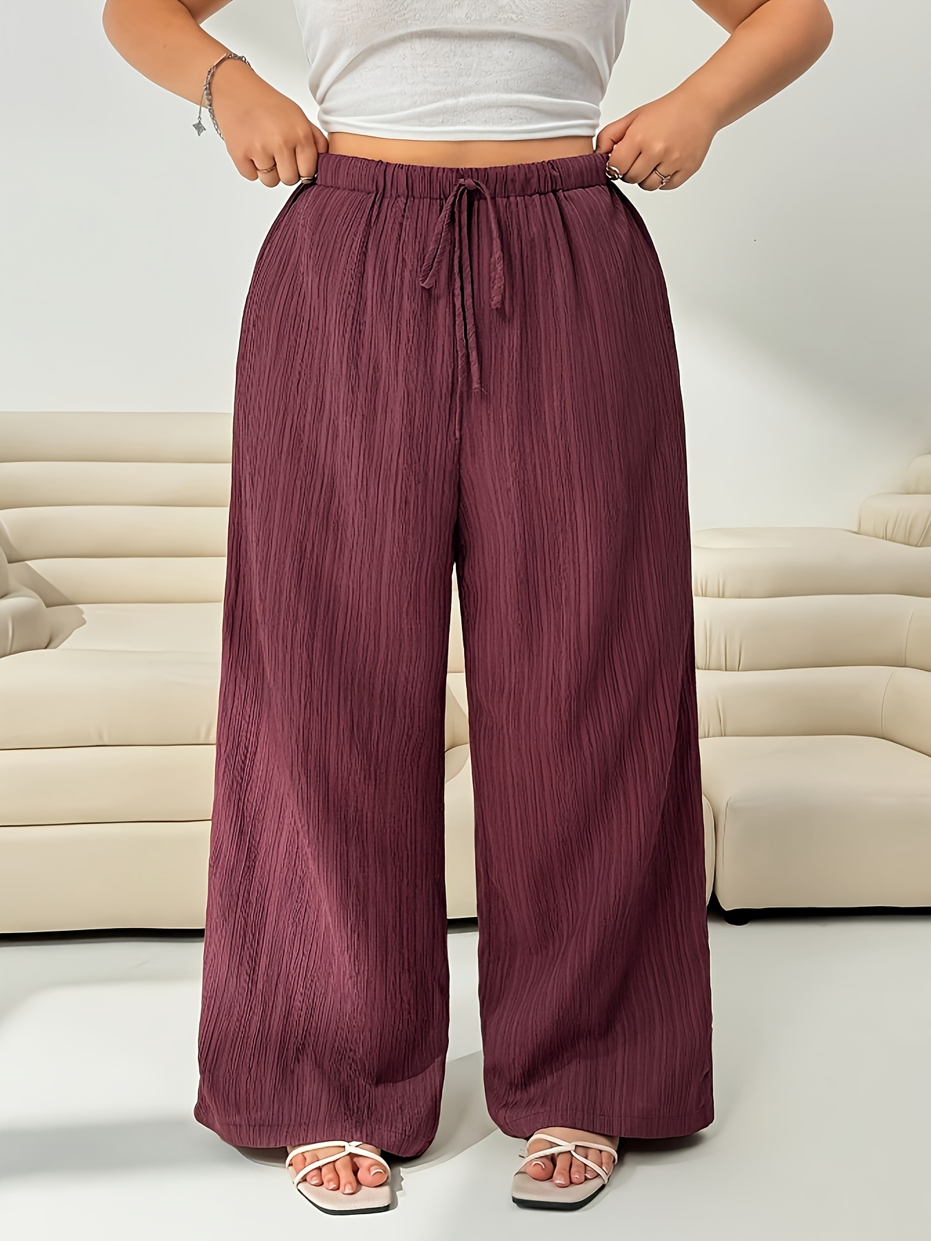 plus size womens plus size wide leg trousers burgundy solid color elegant pants   non stretch fabric   for casual formal wear  