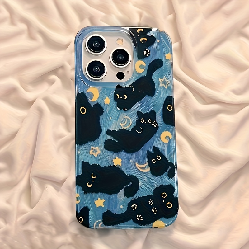 TEMU Phone Case: New Fashionable Star, Moon, And Black Cat Feather Yarn Full-coverage Drop-proof Phone Case With , Shockproof Protection, A For ,