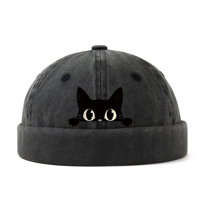 TEMU A Unisex Printed Black Cat Beanie Hat, Classic Minimalist , , Rolled-edge With Diverse Trendy Styles, Baseball Cap Is For Holiday Gifts
