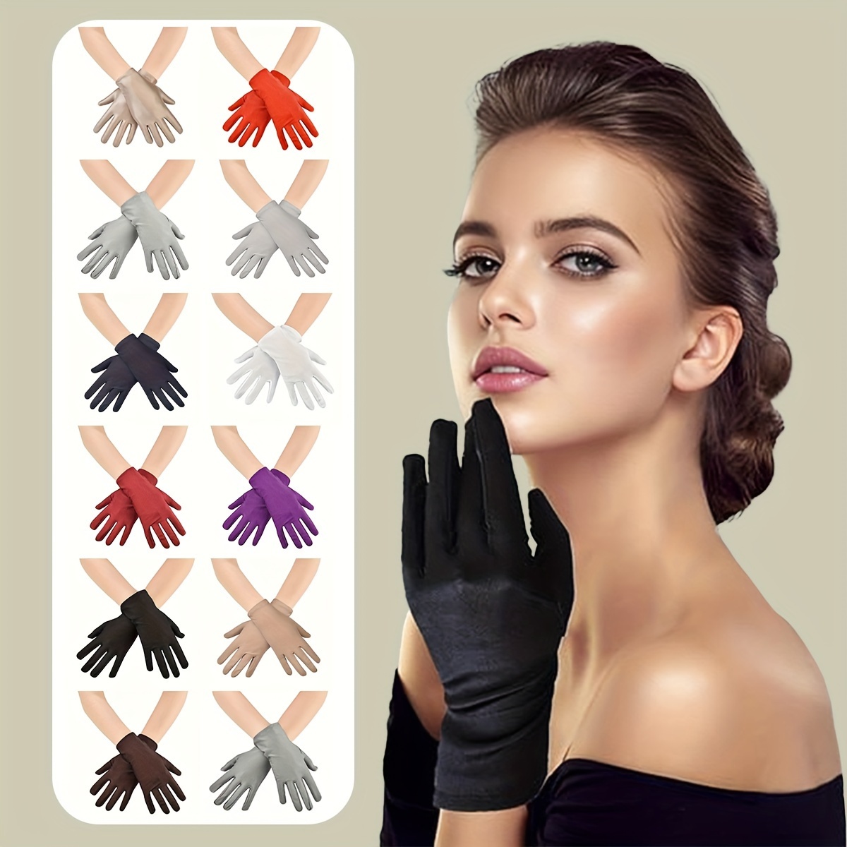 

1 Pair D Elegant Wrist-length Satin Gloves For Women - Stretchable, Soft & Breathable, Classic Solid Colors (black, White, Red, Brown, Grey) - 1920s Weddings, Parties, Halloween & Formal Events