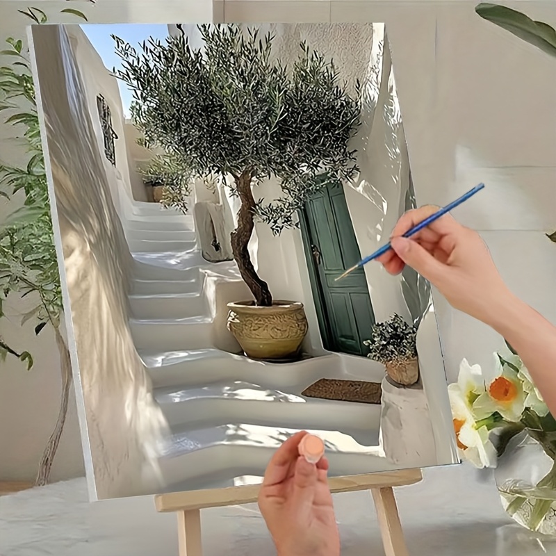 Image of Professional Art Use, 1pc Oil Painting Kit For Adult Beginners - Includes Acrylic Paints, Canvas, 3 Paintbrushes, And Manual | Acrylic Painting Of An Olive Tree In A Next To Door In A White |