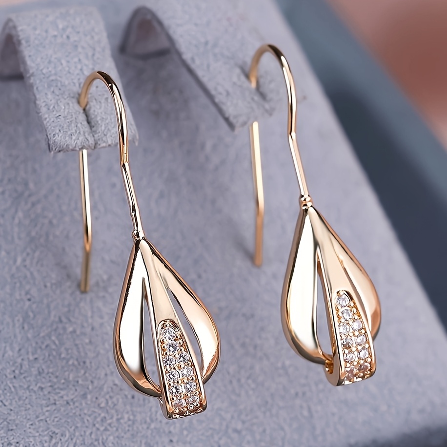 1 Pair Angol Kc Golden-plated Synthetic Zirconia Long Dangle Earrings For Women - Glossy Flower Ethnic Bohemian Vintage Jewelry, Wedding & Party Bridal Earrings, Valentine's Day Gift, Cute Earrings