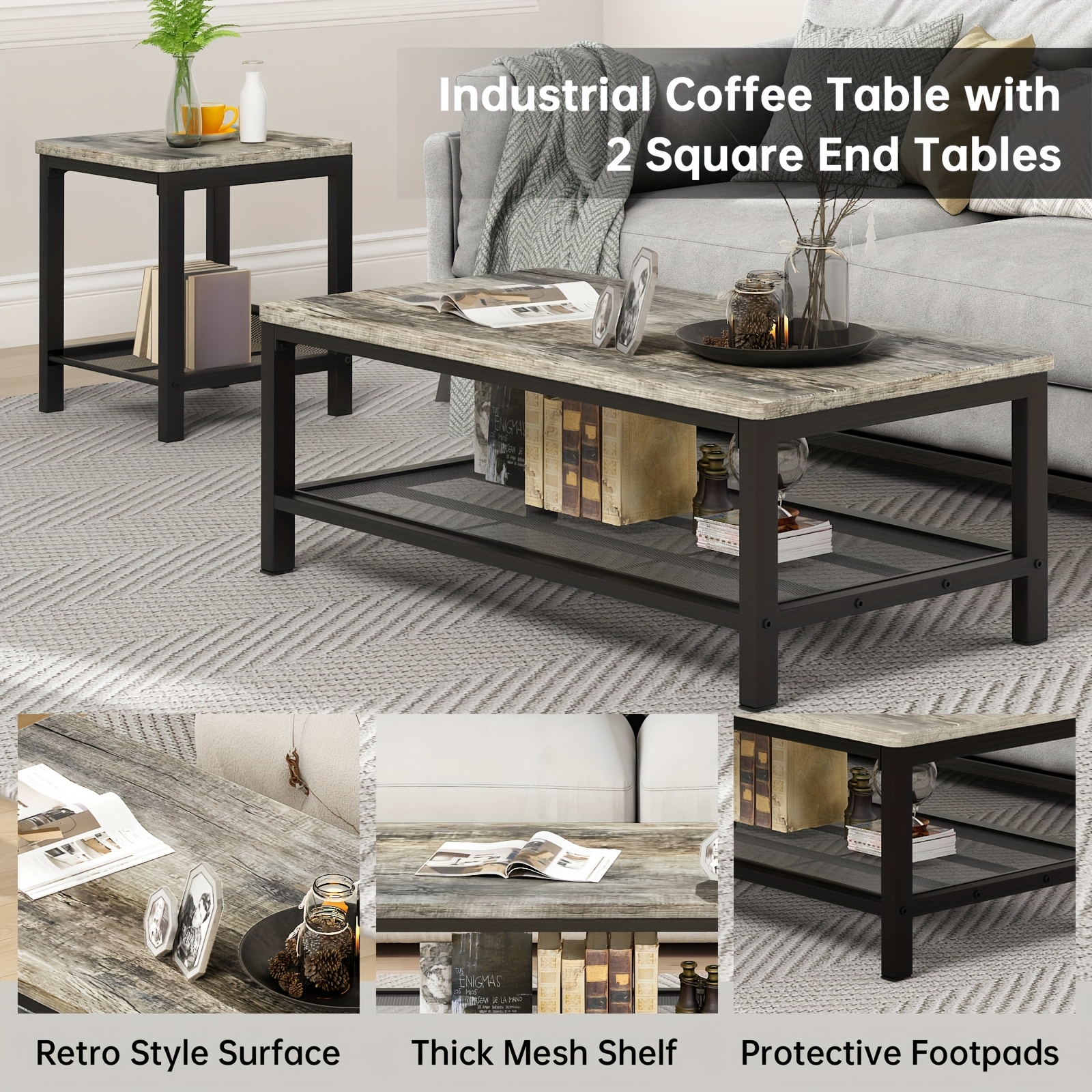 Living Room Table Set, 3pcs Modern Coffee Table with MDF Broad Tea Table & 2 End Side Tables, Space-Saving Coffee Table Set with Metal Frame for Living Room, Small Space, Apartment, Bed Room