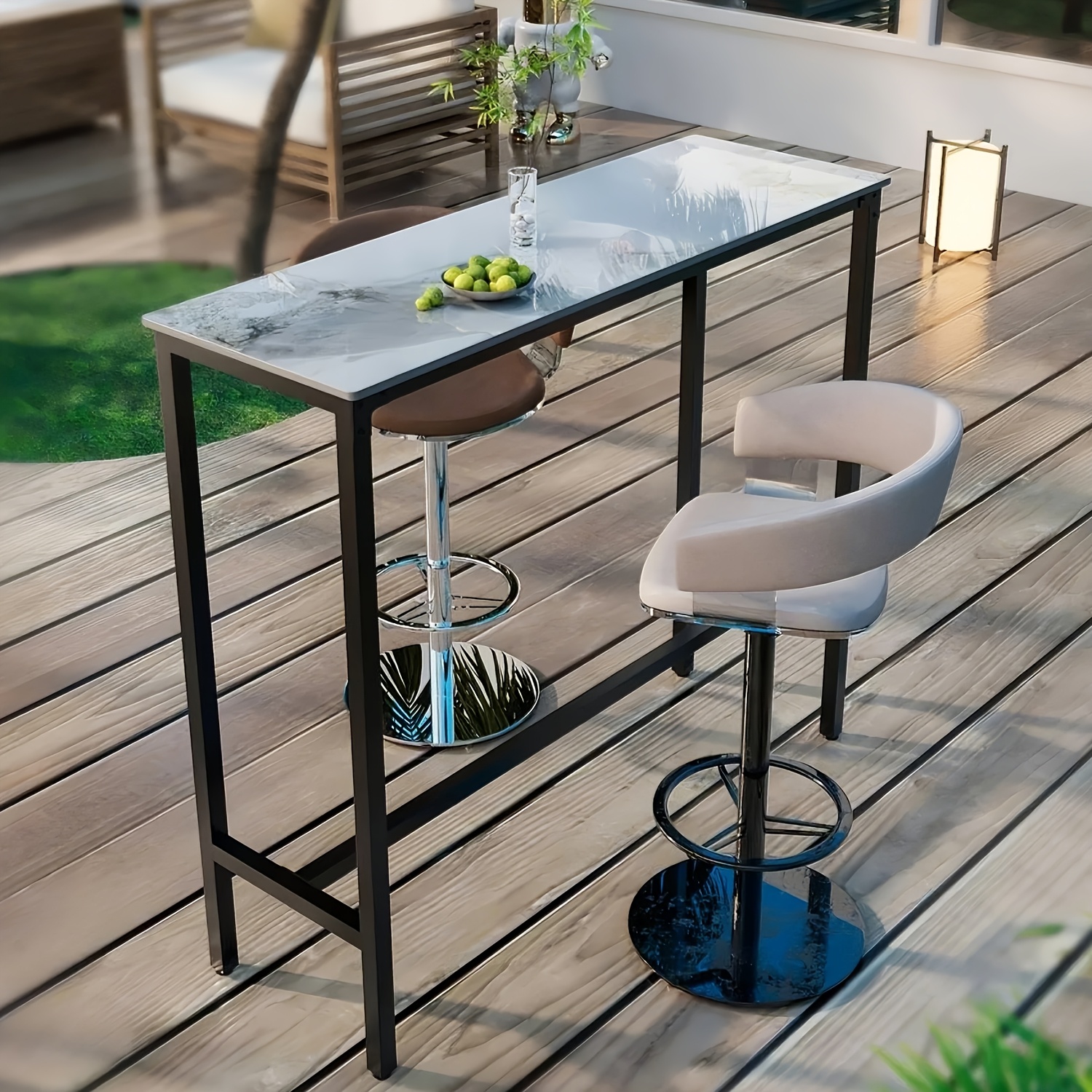 AESOME Counter Height Table Rectangle Sintered Stone Tabletop 47.2in Narrow Long Kitchen Dining Table 41.4in High Top Table Living Room Furniture, Sturdy Metal Frame