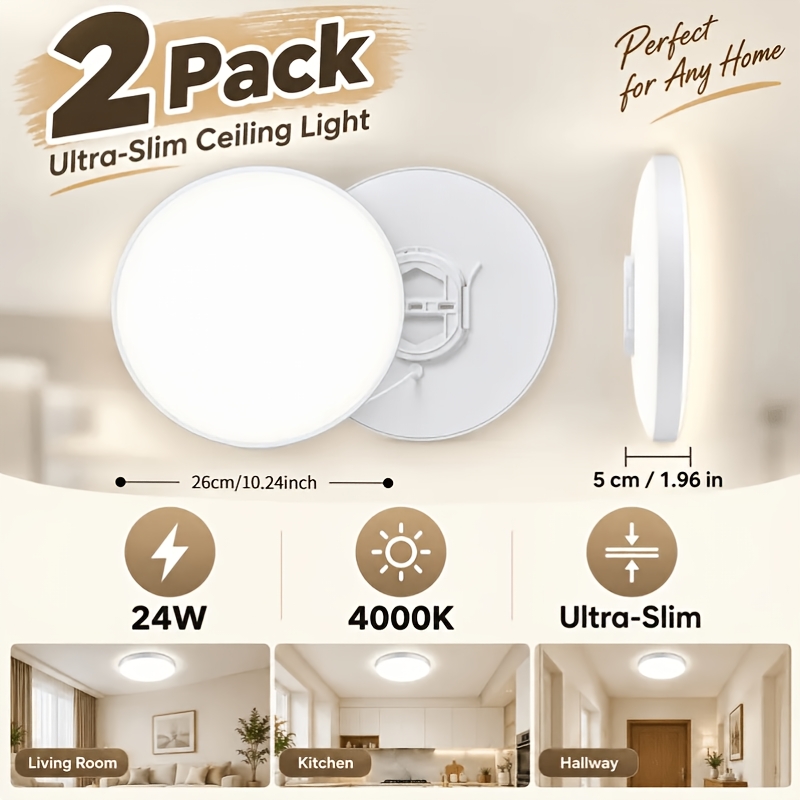 TEMU 2pcs 24w 4000k Led Ceiling Lights, Ultra Slim Round Flush Mount Ceiling Light, Modern Low Profile Ceiling Lamp For Kitchen, Bedroom, Hallway,