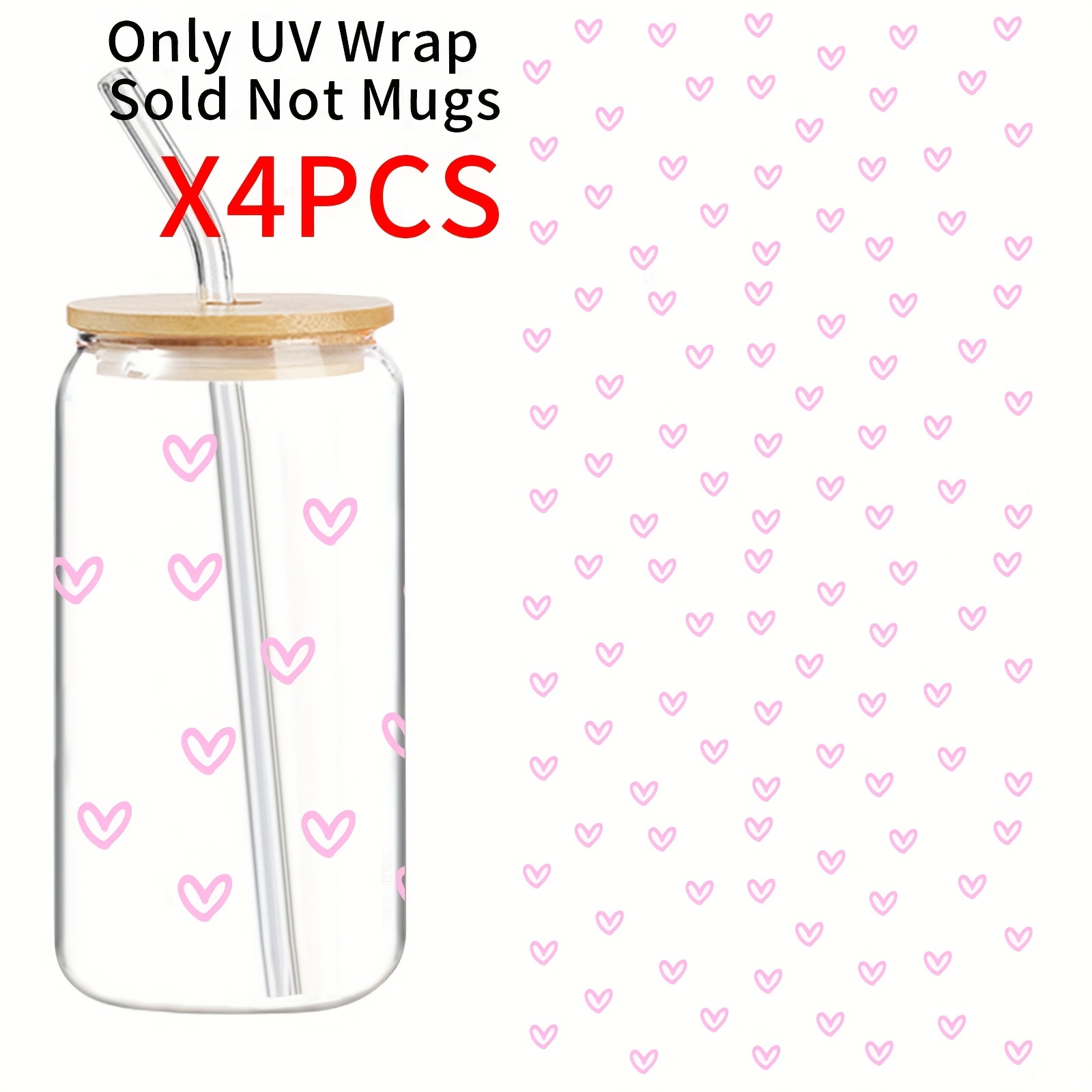 Image of 4pcs Uv Dtf Transfer Valentine's Day Heart-shaped Stickers, Suitable For Glass Bottles, Glass Jars, Water Cups, Cup Wrapping Stickers, Cartoon Decals, Self-adhesive Decorative Stickers