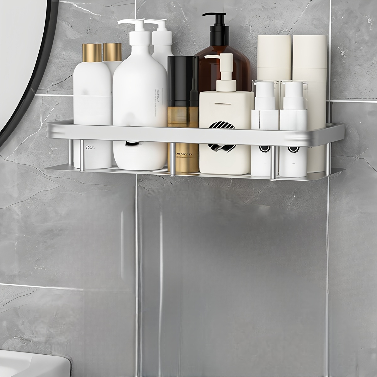 TEMU Set da 3 pezzi (1 mensola da bagno quadrata argentata da parete e 2 ganci adesivi), installazione in plastica senza trapano/punti di fissaggio,