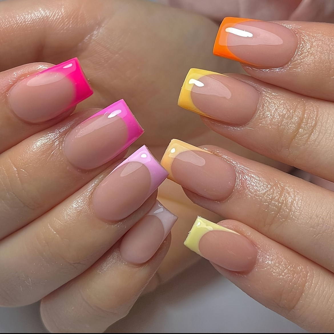 short square press on nails colorful french tip fake nails glossy spring yellow pinkish acrylic nails nude pinkish full cover glue on nails for women girls manicure decorations details 1