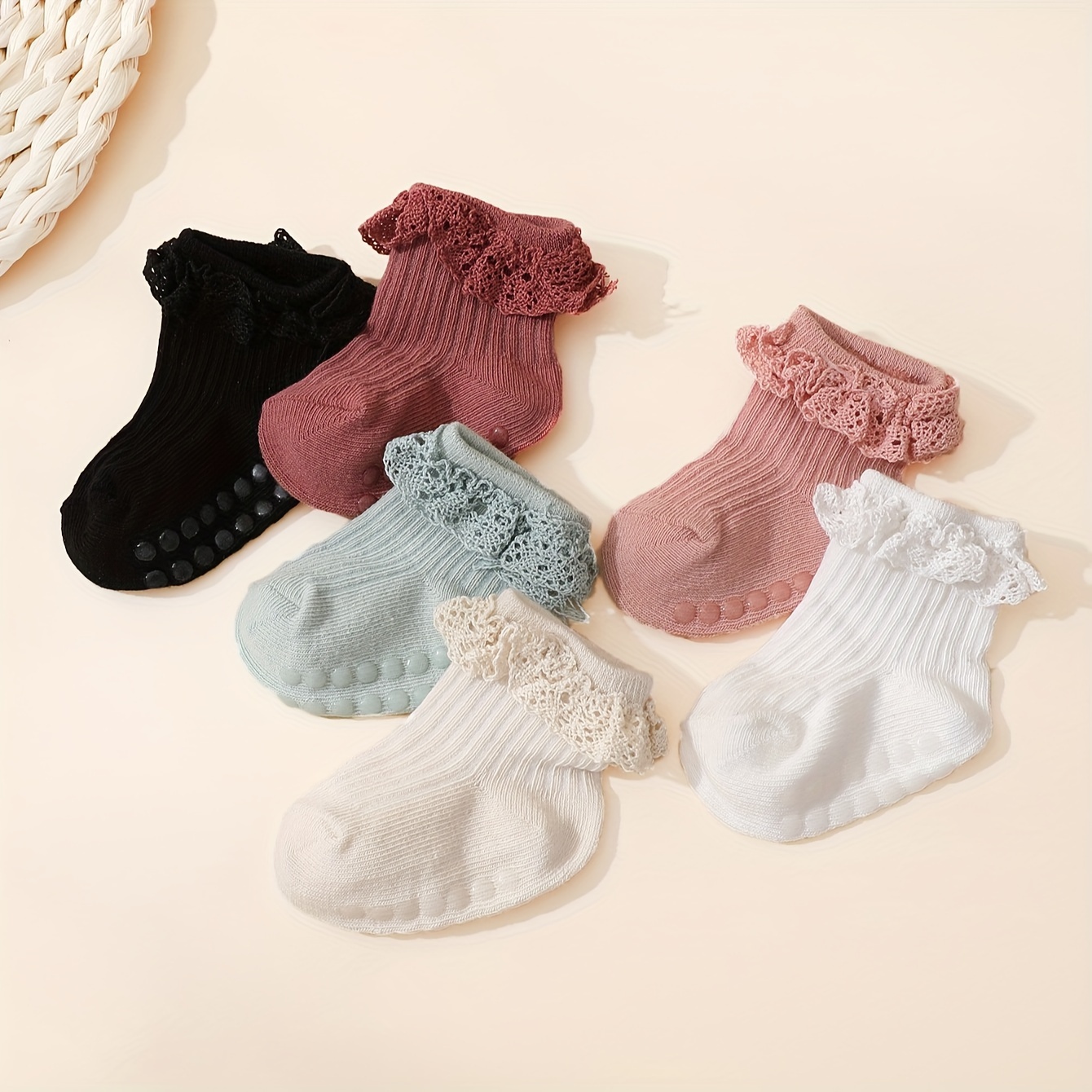 6-pack Girls' Lace Trim Anti-slip Floor Socks, Breathable Short Socks For
