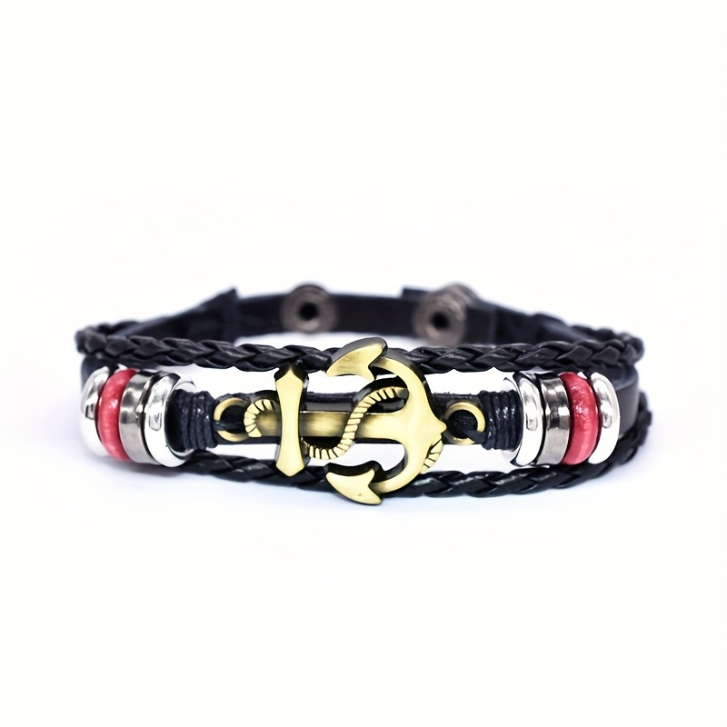 Anchor Leather Bracelets Popular In Europe And America, Men's Beaded Four-button Woven Pu Leather Bracelets