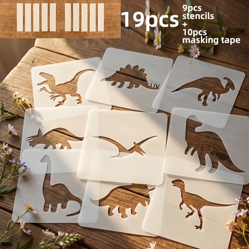 E-shop 19-teiliges Dinosaurier Schablonen Set | 9-teilige Zeichenvorlagen + 10-teiliges Abdeckband - Wiederverwendbar für Kunstprojekte, 2,95 Zoll Tier