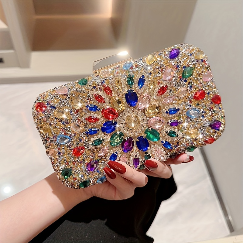 

Pochette de soirée pour femme avec embellissements en strass multicolores, sac à bandoulière en de boîte doublé de polyester avec fermeture à boucle sécurisée