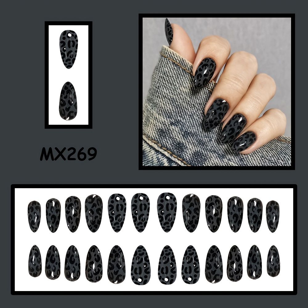 TEMU 24pcs Almond-shaped Leopard Print Press-on Nails, Dark Gray Print False Nails, Fashionable Autumn Winter Leopard Print False Nails, Suitable For