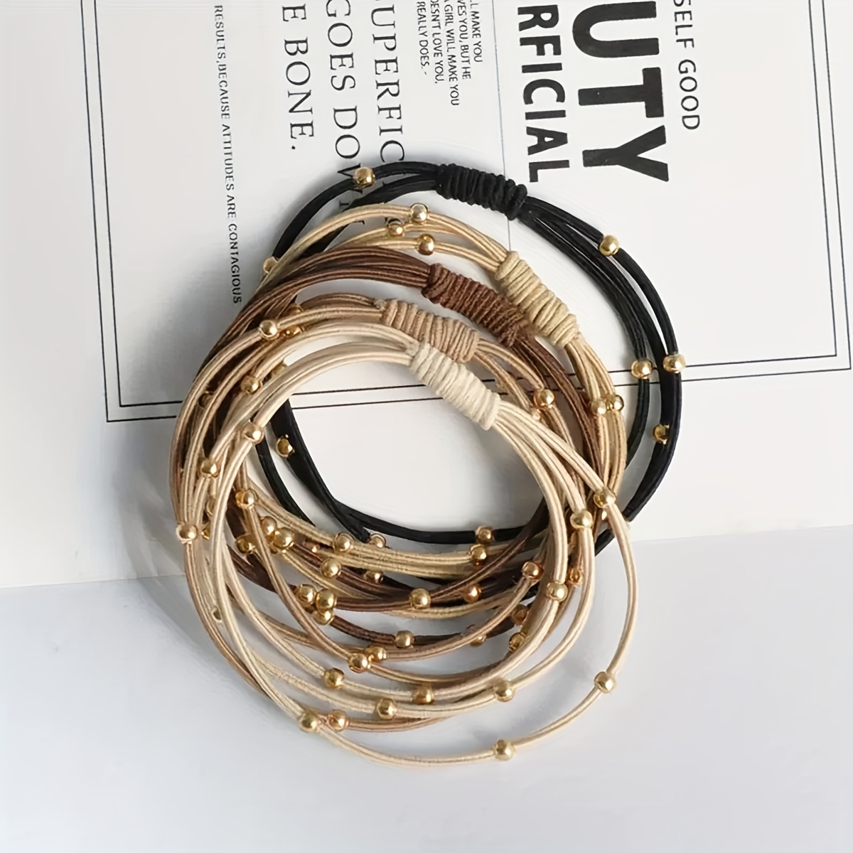 5pcs Bohemian Style Golden Bead Hair Ties, High-Elasticity