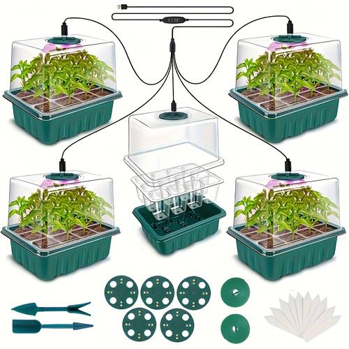 seed germination kit featuring a 5 pack seedling tray with timer a humidity dome an adjustable led grow light and a safe indoor greenhouse system for seedlings