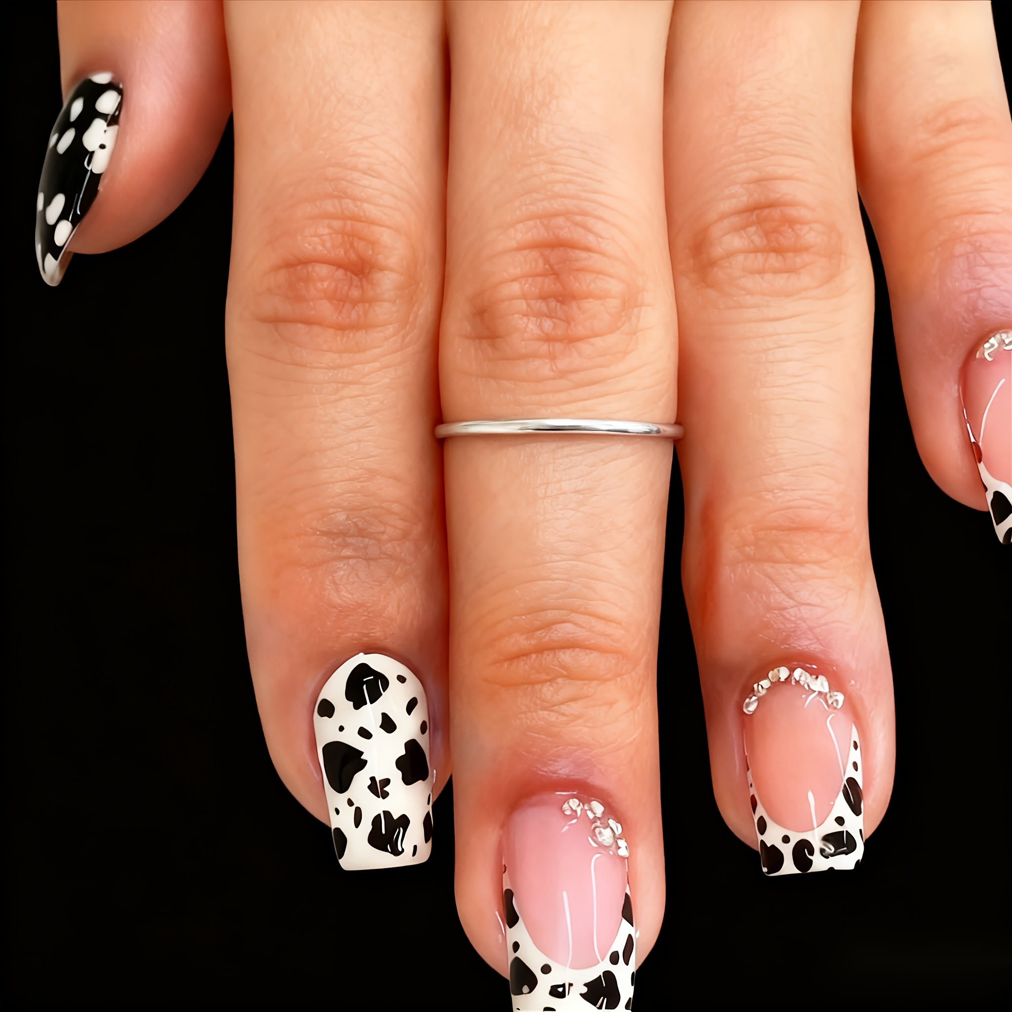 TEMU 24pcs Ongles Courts Carrés à Sequins Imprimé Vache Léopard et Colle Gel et Buffer, Extensions d'Ongles Plaque Colle Gel et Buffer