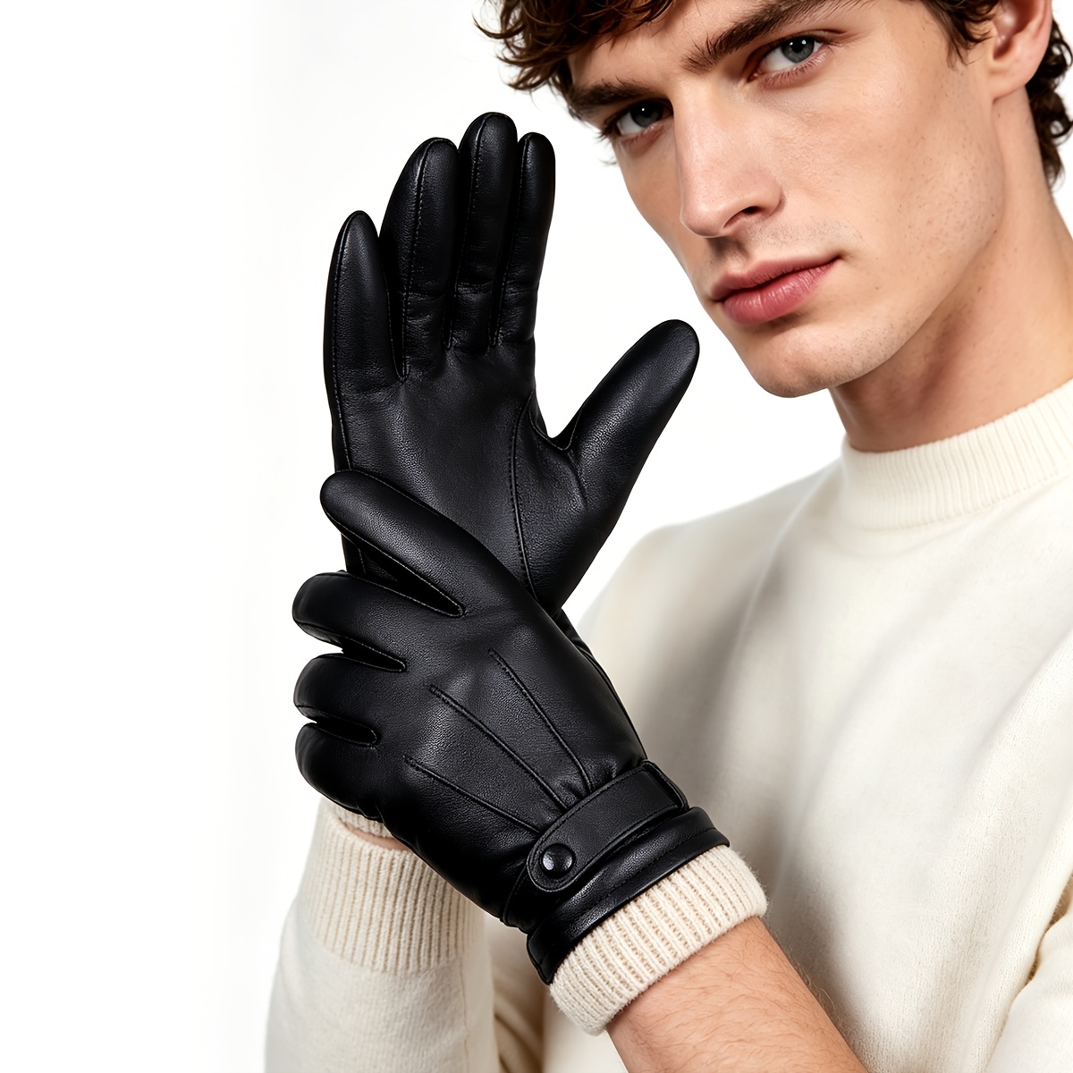 Denim Men' Genuine Sheepskin Leather Gloves Windproof Warm Touchscreen Full Finger Thermal Gloves Suitable For Driving, Cycling, Outdoor, Smartphone Use - Gift For Husband,, Boyfriend (winter)