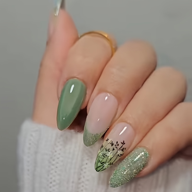 

24-piece Green Almond-shaped Press-on Nails Set With Butterfly & Floral Designs, Glitter Finish - Includes Jelly Adhesive & Nail File