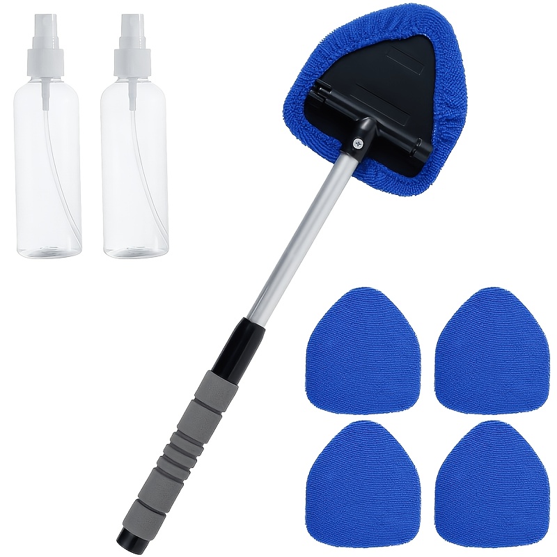 TEMU Kit de nettoyage de pare-brise rétractable 7 pièces, équipé d'une tête rotative à 180°, 4 tampons en microfibre lavables et 2 vaporisateurs,