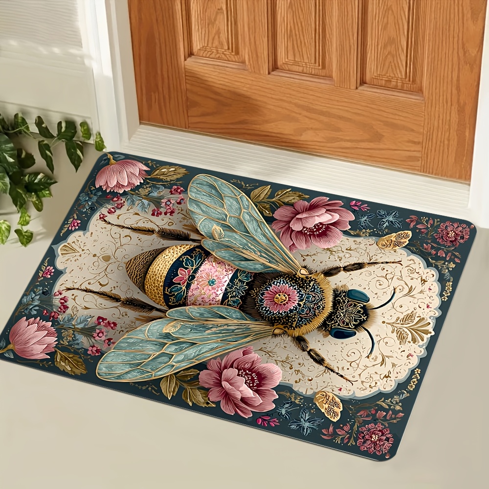 TEMU Bohemian Style Bee Floral Pattern Doormat, Vintage Flower Bee Printed Welcome Carpet, Machine Washable Flannel Non-slip Mat, Suitable For ,